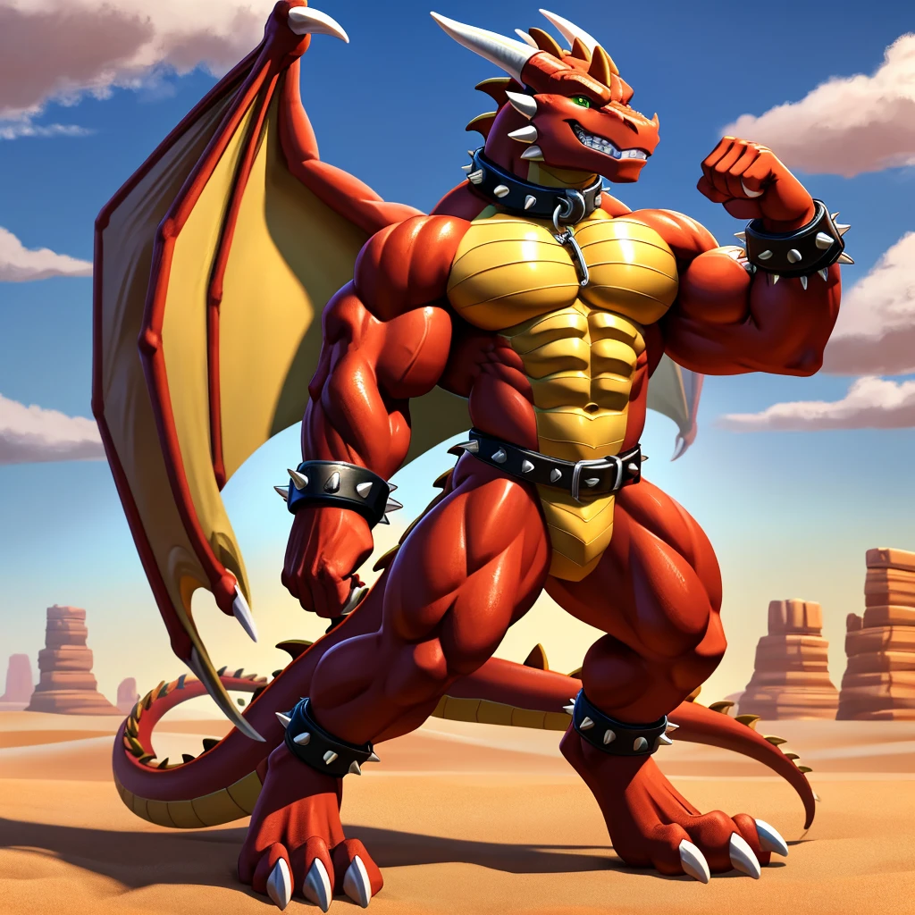 A tall, naked, male, muscular, Dragon with biceps with orange skin and yellow front side, green eyes, (soft shading), 4k, hi res, desert background, Dragon is wearing a glossy brown leather dog collar around the neck, Dragon is wearing glossy brown spiked leather bracelets around the wrists, Dragon is wearing glossy brown spiked leather bracelets around the ankles, Dragon has three toes, small claws on fingers and toes, Dragon has 4 fingers, flexing muscles, clenching teeth, leather collar and bracelets are worn at the same time, leather collar is thick, leather collar is extremely detailed, leather bracelets are extremely detailed, leather collar is smooth, leather collar is glossy in texture.