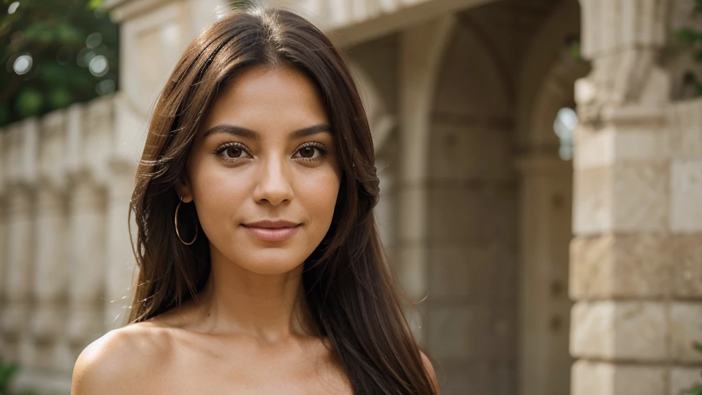 The woman pictured is 52 years old, with a mature and serene appearance. Her hair is long and flows smoothly over her shoulders. The skin is dark in tone, reflecting their Brazilian heritage. His facial features reveal a combination of experience and an aura of wisdom. The eyes express calm and depth, while a slight smile suggests a welcoming and confident personality. She is dressed elegantly and comfortably, complementing its confident and distinctive presence. The background of the image highlights its natural beauty, emphasizing your connection to your culture and history.