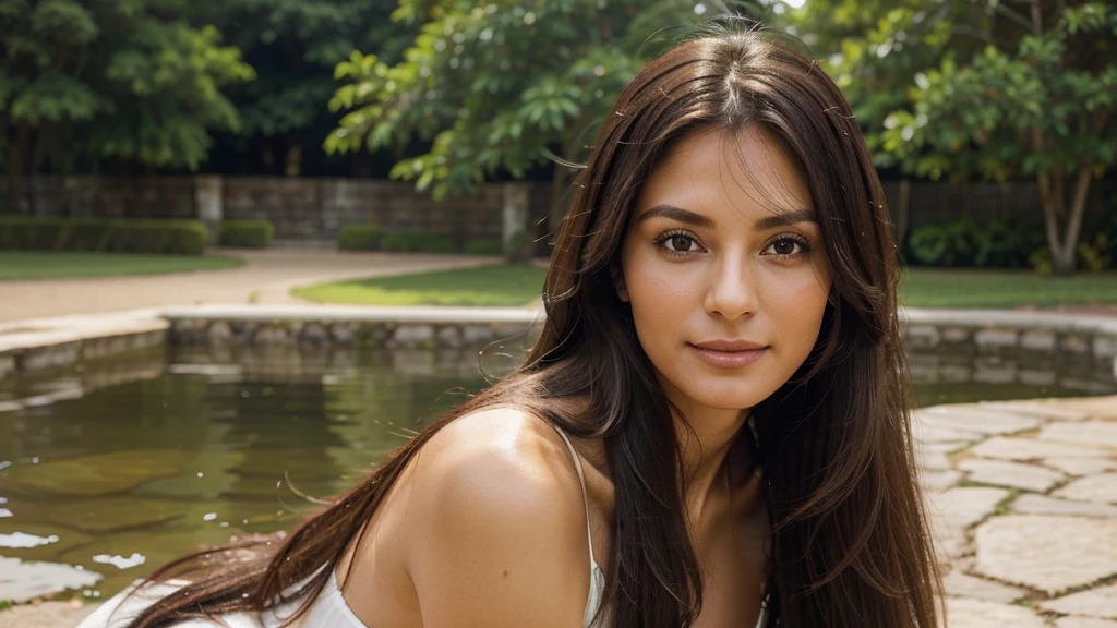 The woman pictured is 52 years old, with a mature and serene appearance. Her hair is long and flows smoothly over her shoulders. The skin is dark in tone, reflecting their Brazilian heritage. His facial features reveal a combination of experience and an aura of wisdom. The eyes express calm and depth, while a slight smile suggests a welcoming and confident personality. She is dressed elegantly and comfortably, complementing its confident and distinctive presence. The background of the image highlights its natural beauty, emphasizing your connection to your culture and history.