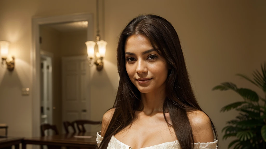 The woman pictured is 52 years old, with a mature and serene appearance. Her hair is long and flows smoothly over her shoulders. The skin is dark in tone, reflecting their Brazilian heritage. His facial features reveal a combination of experience and an aura of wisdom. The eyes express calm and depth, while a slight smile suggests a welcoming and confident personality. She is dressed elegantly and comfortably, complementing its confident and distinctive presence. The background of the image highlights its natural beauty, emphasizing your connection to your culture and history.