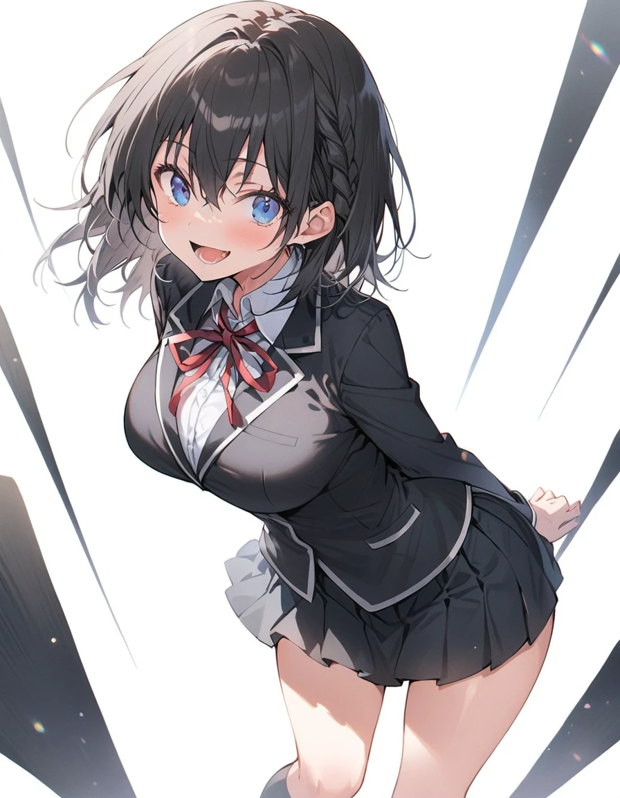 White Background、White background、Blank Background、Just standing girl, One Girl、コミカルなMedaka、Medaka、Ultra-high resolution, Highest quality,Fishbone Braid Hachebone Hair、Black Hair、Full Body Shot,Put your arms behind your back、Put your hands behind your back、Hide your hands、Big Breasts、Beautiful attention to detail、Black Hair × blue eyes、blue eyes、open your mouth without showing your teeth、Laugh with your mouth wide open、 black long sleeve blazer,Black pleated skirt、Knee-high socks、loafers、