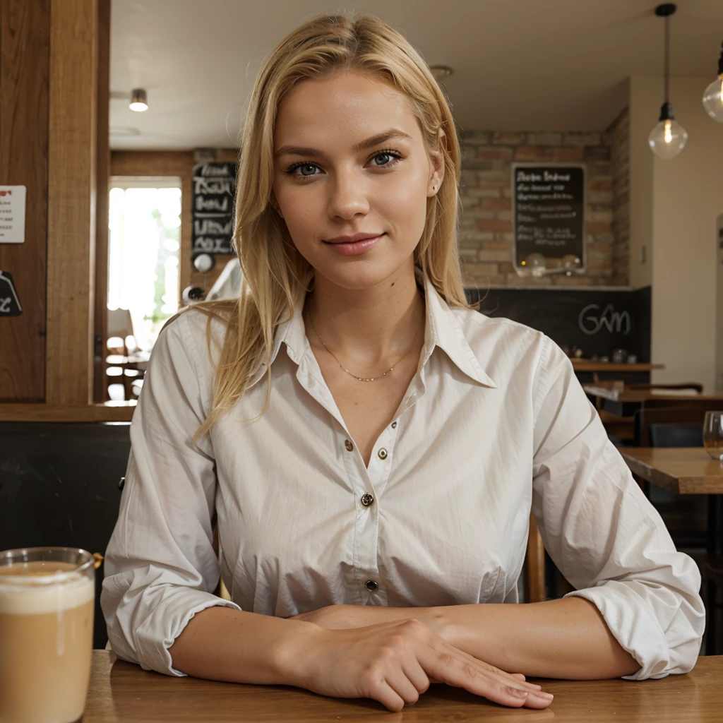 German blonde woman with buttoned shirt sitting in cafe