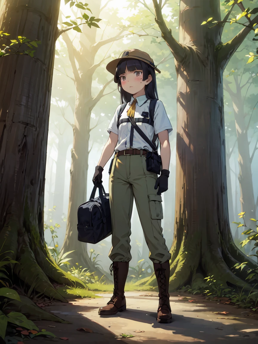(masterpiece, Highest quality), (ruri gokou), blush, Black Hair, Mole, Mole under eye, One Girl, Long Hair, Hime cut, Jungle exploration, flashlight, telescope, Food Bag, rope,
Utility Vest, (Safari Hat), Hiking boots, Durable gloves. Long trousers, Utility Vest,
Explorer Standing Still, Deep in the jungle, Giant Tree々, Ivy gets tangled
,Green and brown contrast, Sunlight shines in, foggy background. full body