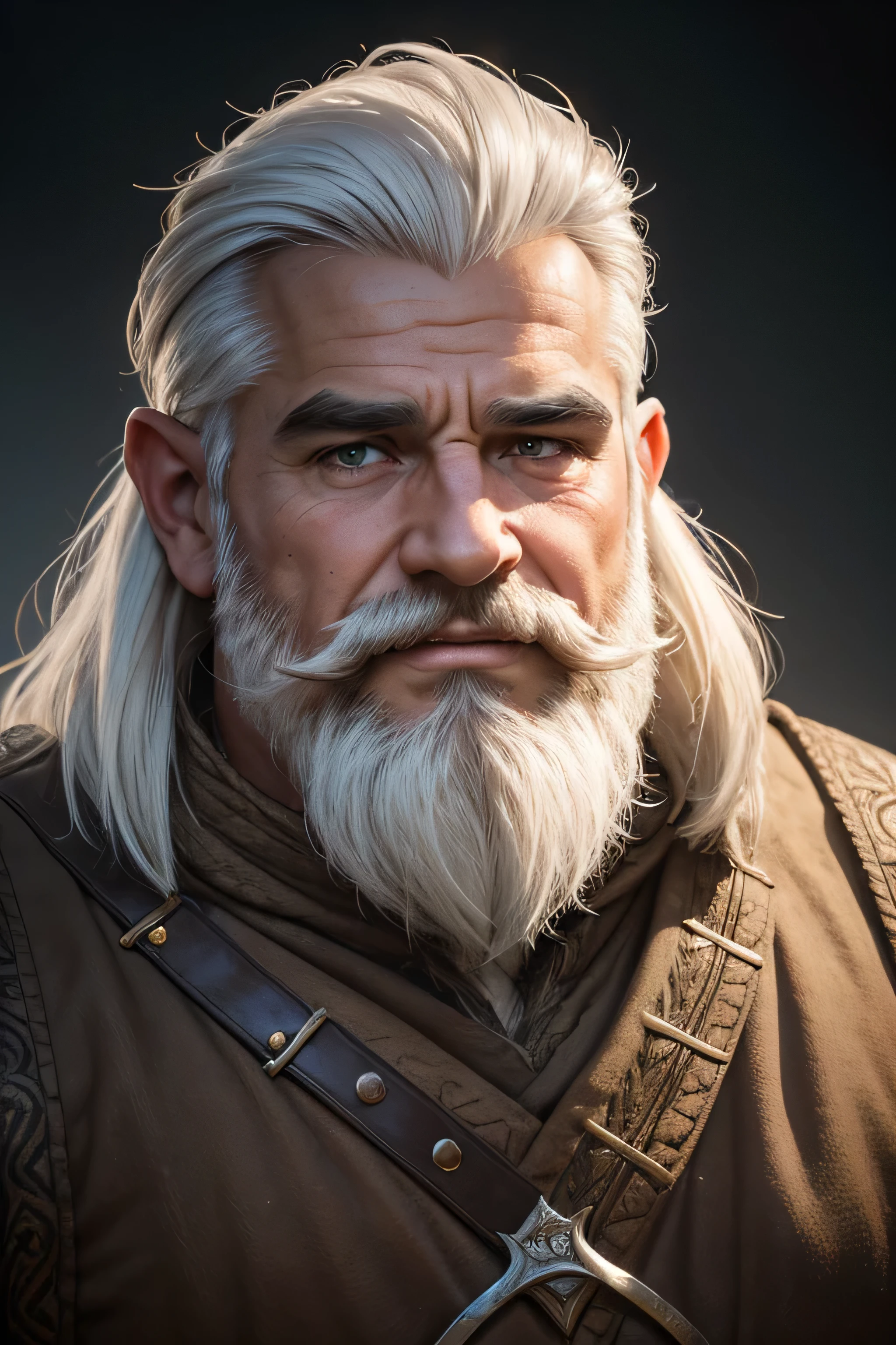 (8K, high definition, high quality, highly detailed) Handsome daddy dwarf. hyper-masculine. square jaw. hunter eyes. relaxed brows. white hair. smiling. full beard. thick mustache. headshot. wearing middle-earth tunic. looking away from the camera. dramatic lighting.
