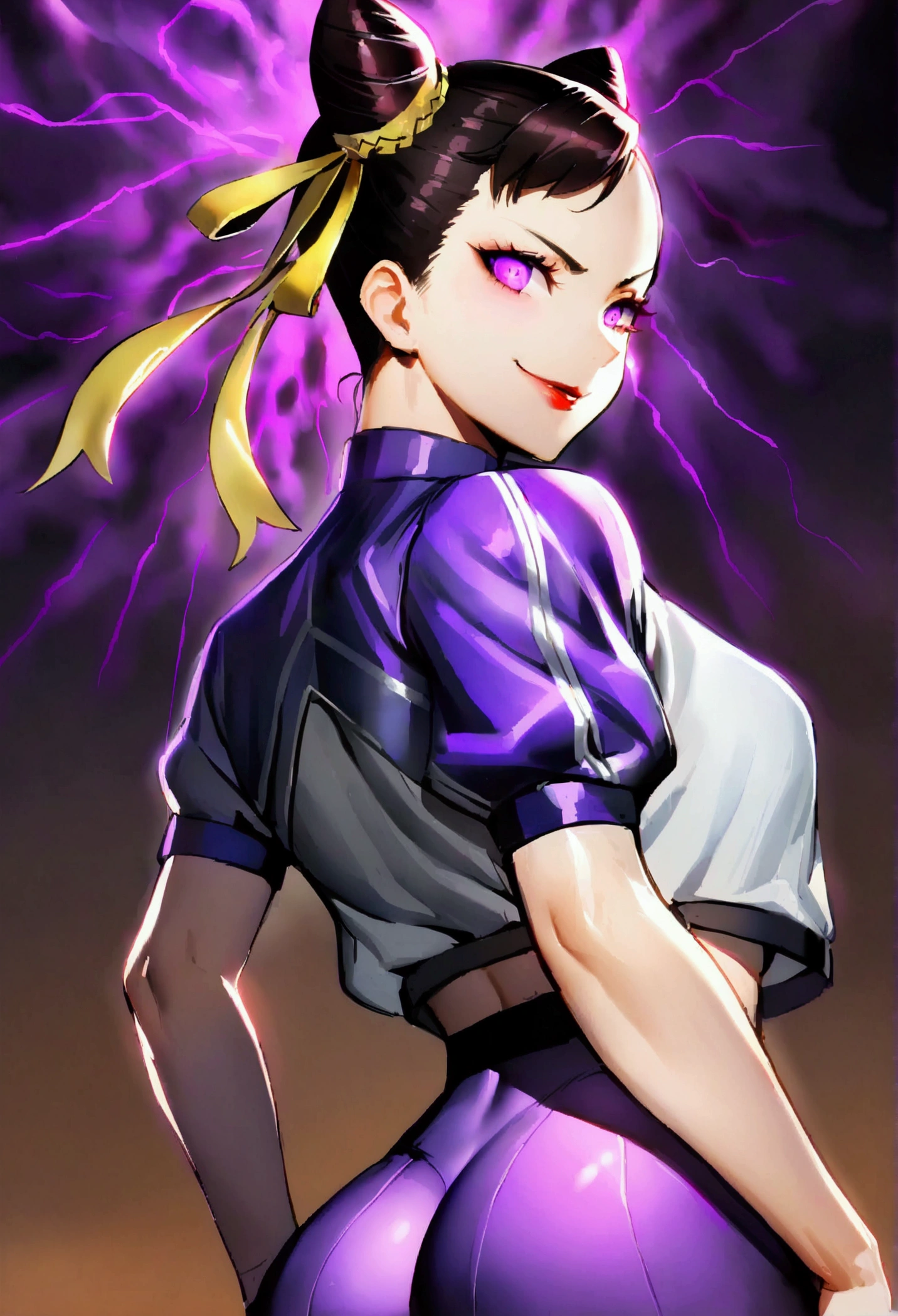 jchun li,looking back,beautiful young fitness woman with , in a gym wearing May with black pantyhose, white and purple fitted gym jacket. standing alone,hair horns,bright purple eyes,Evil smile,legging preto aura roxa,right eyes super shining purple
