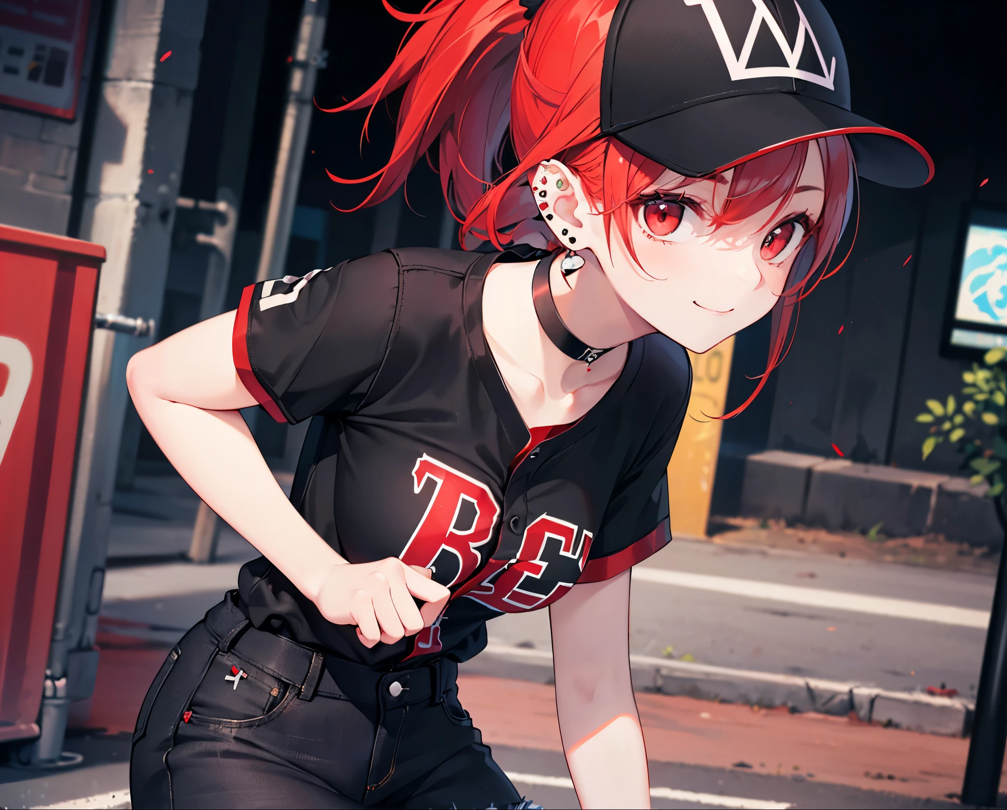 (Close-up:1.3),Realistic,Highest quality, Ultra Detail, High-quality CG rendering, The most delicate and beautiful, Floating softly, High resolution, (1 girl), (Highest quality,4K,8k,masterpiece:1.2),(All red hair:1.5), (ponytail:1.5),(Red eyes:1.5),(Slightly larger breasts:1.2), (Oversized black short sleeve t-shirt:1.3),(Black skinny jeans:1.3),(Black baseball cap:1.3),In the city,old buildings,Narrow back alley,Are standing,smile,(Piercing in left ear:1.3),(Pitch black choker:1.5)