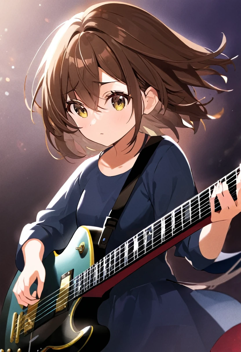 Woman with dark brown hair.Hazel eyes.She plays the guitar