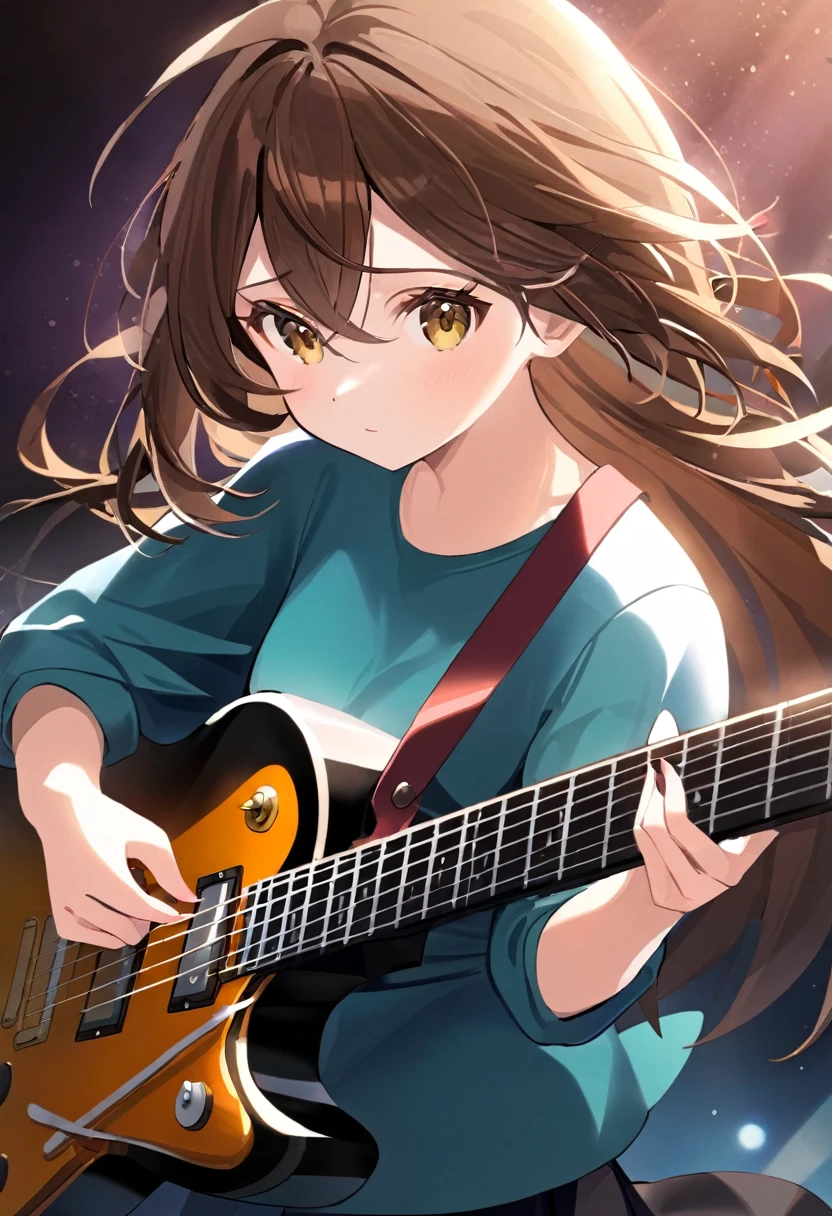 Woman with dark brown hair.Hazel eyes.She plays the guitar