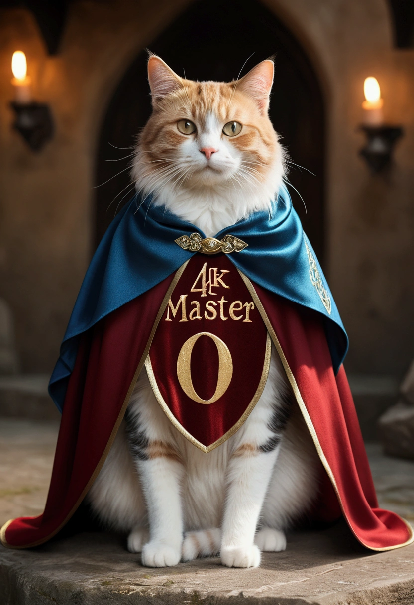 (best quality,4K,8k,A high resolution,master part:1.2),ultra detali,(Realistic,photorrealistic,photo-realistic:1.37),a cat wearing cape, written "Ocksyi" on the cape, medieval fantasy vibes