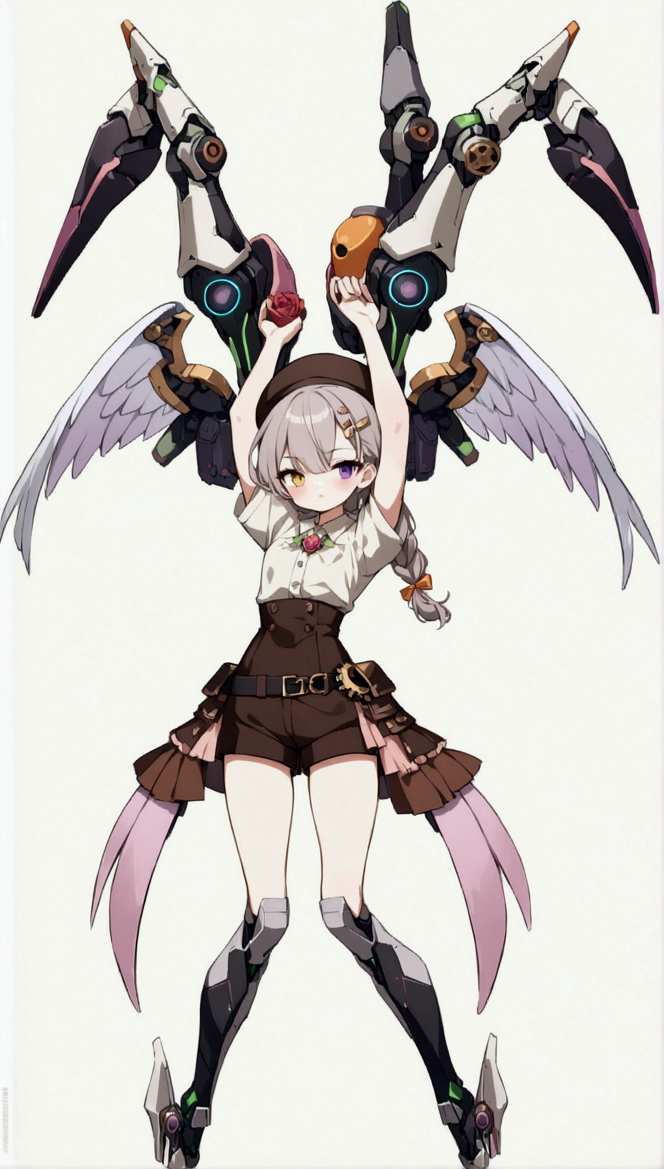 woman 165cm tall, slim build, , charming look, ((heterocromia: look like, right naranja y look like izquierdo violeta)), (Shoulder Length Wavy Gray Hair, a short braid on the left side of the hair, big open bangs, golden gear hairpin on the left side of the hair), (((complex mechanical legs up to the hip, The legs are black with gray parts with small pink details))), (((complex mechanical arms up to the elbows, The arms are black with gray parts with small pink details))), ((complex white mechanical angel wings with pastel green parts)), (elegant black French beret with an orange rose ribbon), (stylish white short sleeve button down shirt, dark brown shorts from the waist, elegant black belt, small rose brooch on shirt collar, beautiful mechanical stilettos), (((character design sheet: Front view))), ((Pastel yellow background)), extremely detailed beautiful hair, beautiful detailed clothing, extremely detailed arms, extremely detailed face, (Extremely detailed hands), perfect hands, small face, hermosos look likes detallados, beautiful detailed lips, adorable, extremely detailed legs, (Best Quality, 8k, ultra resolution), ultra detailed, Exquisite and epic character art, (Focus on symmetry), (extremely detailed wings), (body position: standing, right, symmetrical), looking at the viewer, (whole body).