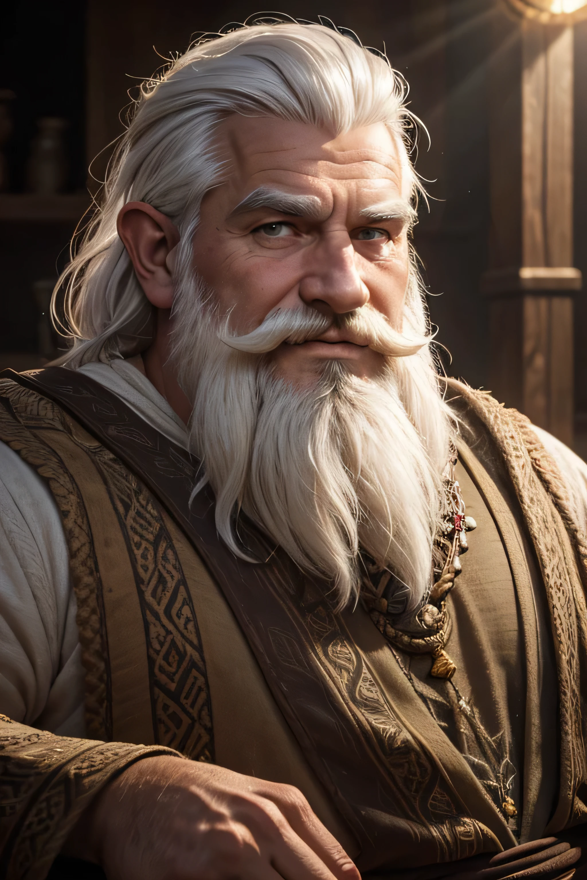 (8K, high definition, high quality, highly detailed) Handsome daddy dwarf. hyper-masculine. square jaw. hunter eyes. relaxed brows. white hair. smiling. full beard. thick mustache. headshot. wearing middle-earth tunic. looking away from the camera. dramatic lighting.
