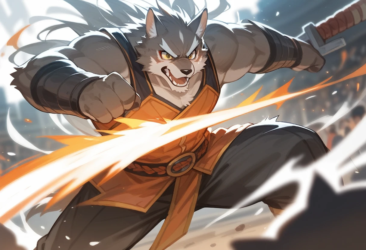 top quality, high-quality illustrations((masterpiece))depth of field, motion blur, absurdres, Perfect Anatomy, magnificent picture of kemono fighting fierce battles, kemono, 1boy, solo focus, Anthro((dramatic))epic, weapon, dynamic pose, One scene of movie,