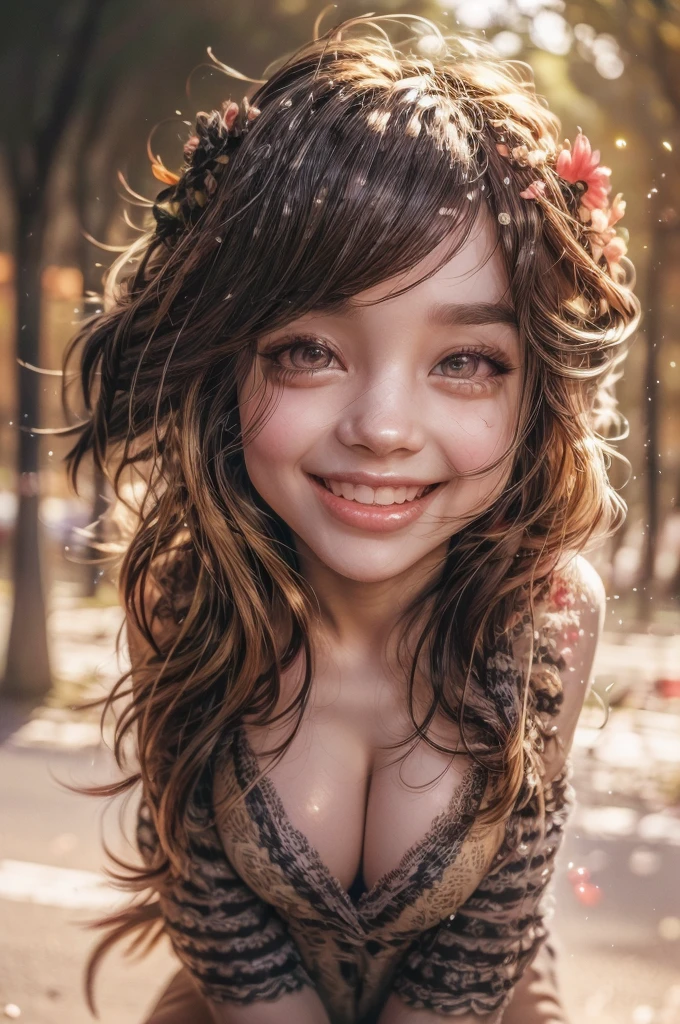 cute adorable naked girl with huge breasts, black hair, sweaty, smiling, hyper-realistic, detailed face, beautiful eyes, detailed lips, long eyelashes, gorgeous skin, amazing body, dynamic pose, outdoor background, natural lighting, golden hour, vibrant colors, masterpiece, high quality, 8k, ultra-detailed, photorealistic