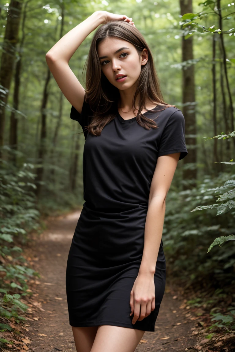 (bestquality,realistic:1.2),(brunette hair:1.1),(French:1.1),(sexy:1.1),(slim figure:1.1),(18 years old:1.1),(handcuffed:1.1),(black short sleeve dress:1.1),(rolled-up sleeves:1.1),(hands up:1.1),(visible legs:1.1),(open mouth:1.1),illustration,forest,detailed eyes,detailed lips,high definition,professional lighting,vivid color