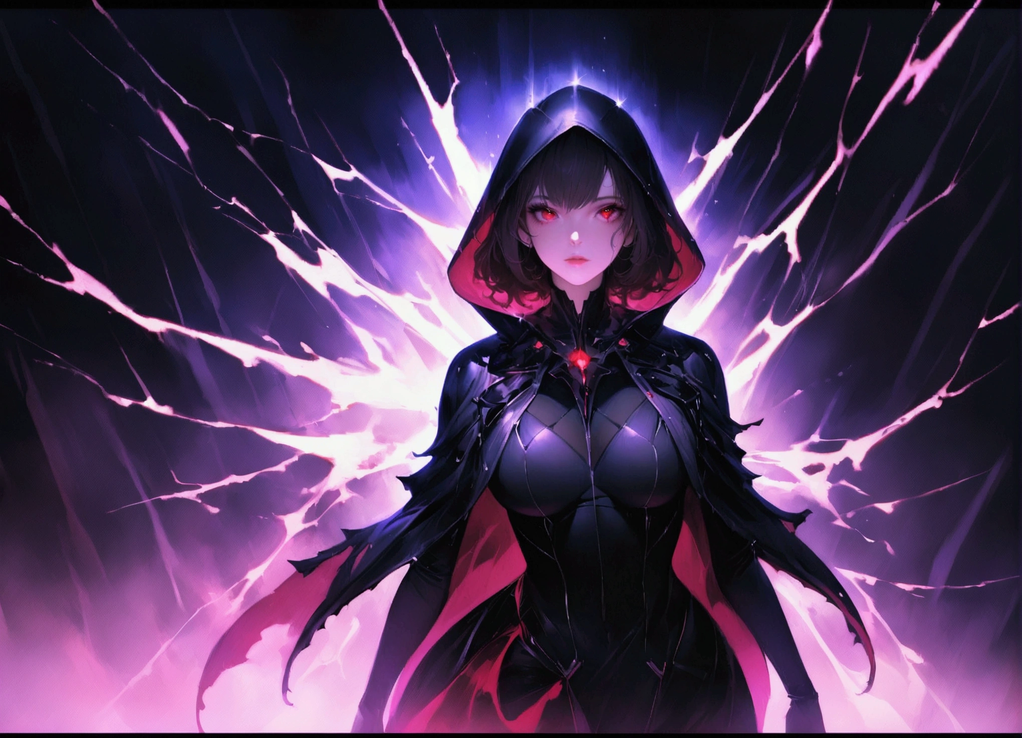 masterpiece, witch, The body is attractive、, Wearing a hood, In the Shadows, , The colours of Positano, Completely in frame, whole body, Releases electrical energy, whole body, Beautiful anime waifu style man, Ultra-Definition CG Painting, Luminism, art：Karn Griffiths、ヴァディム・カシン コンセプトart, 8k resolution, Fractal isometric detail bioluminescence , complicatedly detailed , Cinematic, trending on art station Isometric Centered hyper Realistic cover photo awesome full color,  granular, Realistic, complicated, Hit definition , Cinematic, bold, Vibrant, wonderful, Super high quality model、Being pelted with rain in the dark、Lightning Control、Red eyes