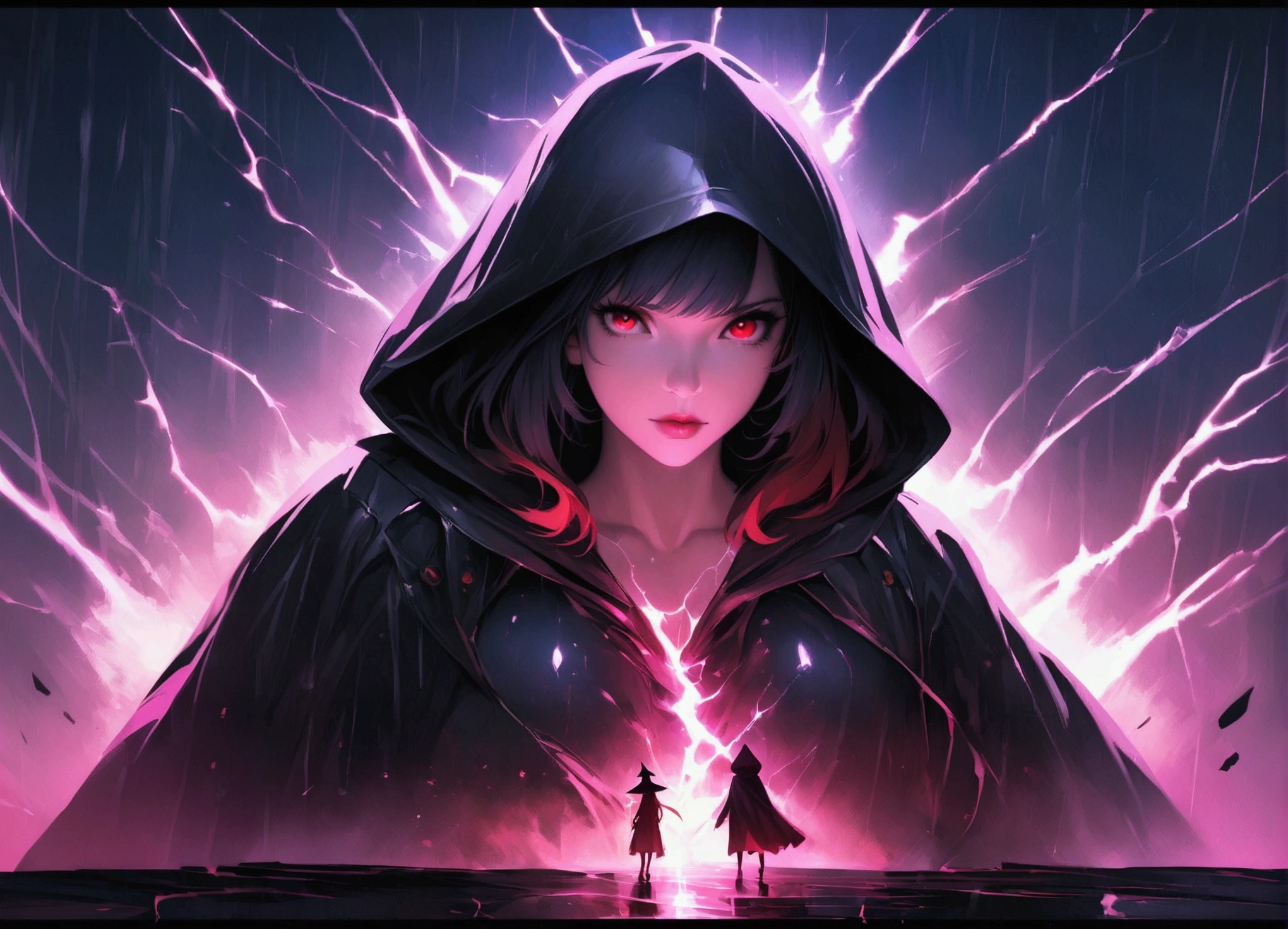 Ethereal being, loose bun, bioluminescent see-through attire, sunglasses, full-body stance, low squatting Sakura Naruto + Leona vampire devil big titis perspective, emitting moody constellation of hues including dark, red, silver lime, gold, cyan, surroud satrs by tempest of power light, boom of stars and reds, sparks, digital painting, ultra-realistic, dramatic lighting