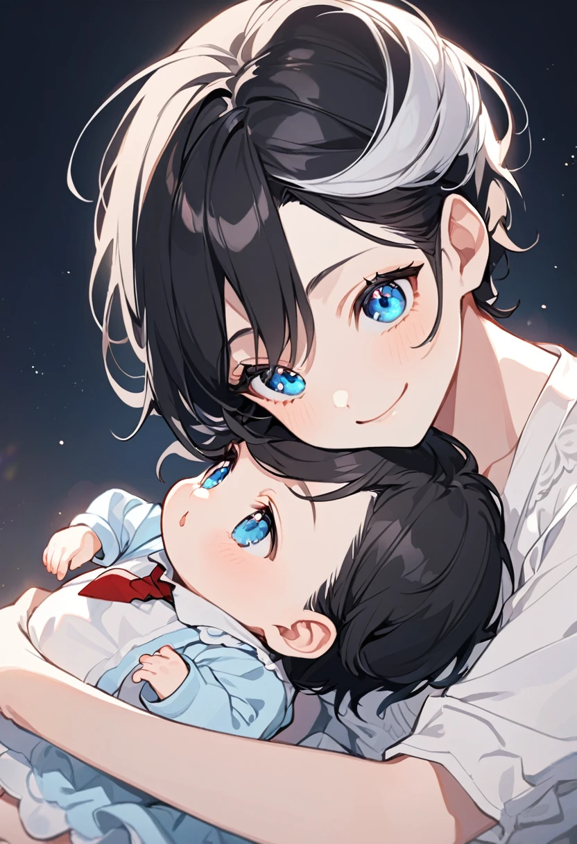 alone, elegant, 1 teenager with black hair and white hair., half and half, short hair, blue eyes, detailed, White shirt, Red tie, 1little baby, Adorable baby, baby clothes, baby with black hair, Siblings, smile, ojos detaileds, gentle
