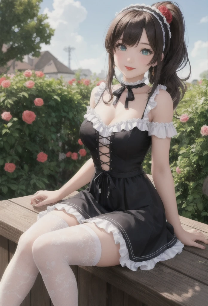 A beautiful girl in a black dress sitting on a wooden platform, anime girl, rose garden, beautiful and sunny day, black lolita dress with lots of ruffles, floral print dress, short sleeve, lolita choker, low-cut chest, big round breasts, white lace thigh-high stockings, black lolita shoes, dark brown hair, gradient bangs, french braid, long hair, ponytail, wavy hair, swept bangs, shiny hair, hairclip, hair ribbon, hair flower, jewelry, lolita hairband, aqua eyes, glowing eyes, pupils sparkling, earrings, light smile, blush, happy, red lips, slim waist, shapely legs, beautiful thighs, princess dress, short skirt, high detail, anime, dithering, image fill, perspective, Wide-Angle, f/1.8, 85mm, Sony FE GM, 8k, 8k wallpaper, super detail, highly detailed CG, UHD, retina, masterpiece, accurate, anatomically correct, textured skin, highres, best quality:1.3, 16k