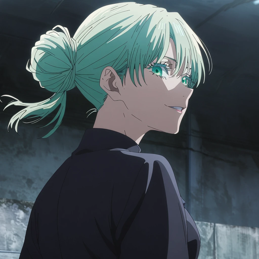 1girl, female gojo satoru, anime screencap from jujutsu kaisen, gojo satoru female version, solo, long_Green hair, hair strands, hair bun, black round sunglasses, Green Eyes, parted_lips, smiling, looking_at_viewer, perfect background, indoors, side view, white_hair, bangs, eyelashes, (blackless outfit),  hair_between_eyes, floating hair, (hair strands) ((shot from behind))