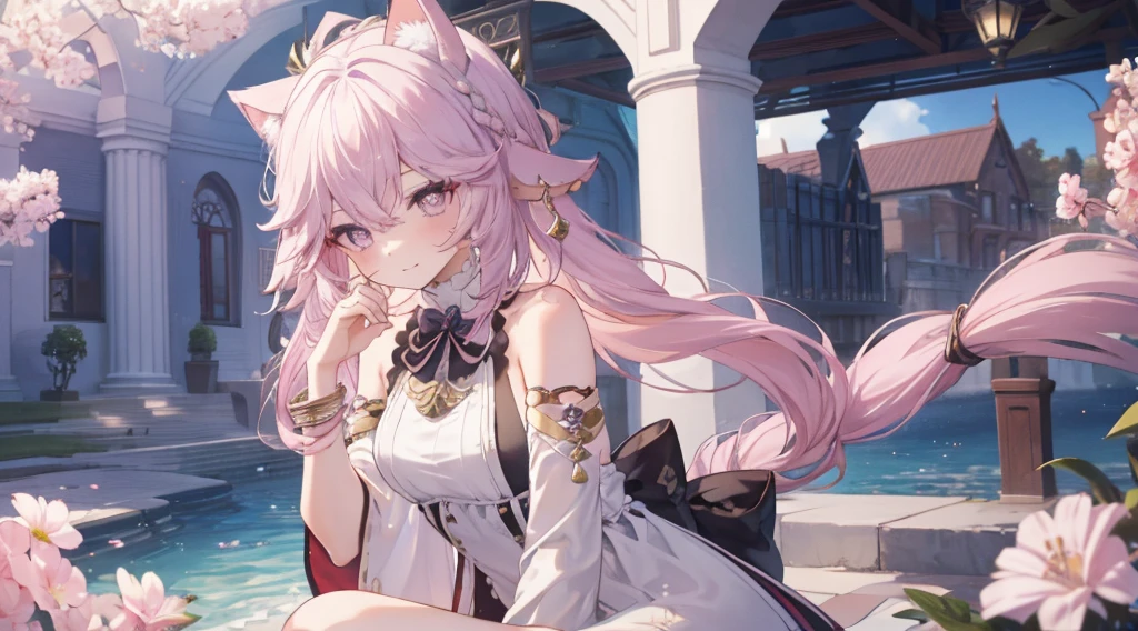 Eyes detailed，Full body photo,one-girl,meet,bare-legged，Barefoot，the watercolor style，Cat style,Public area display,sliver long hair,lightblue hair,Light pink hairstyle，Cat ears，a pink eyes，Lolita prostitute，meia blanca，Pink bow,mouth open smile,ligation bracelet,Superior image quality,Best quality at best