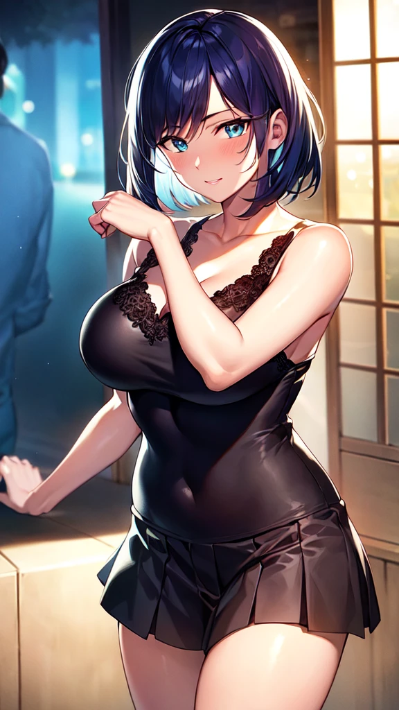 Rinko Iori( Sexy, Slender and sexy body, Big, saggy boobs, empty eyes), Bedroom at night, standing alone, naked body,  dark blue hair, Sexy waist teasing, flirting, craving for sex,coquettish smile, Frontal shot,, Best Quality, highly detaild, Delicate facial expressions