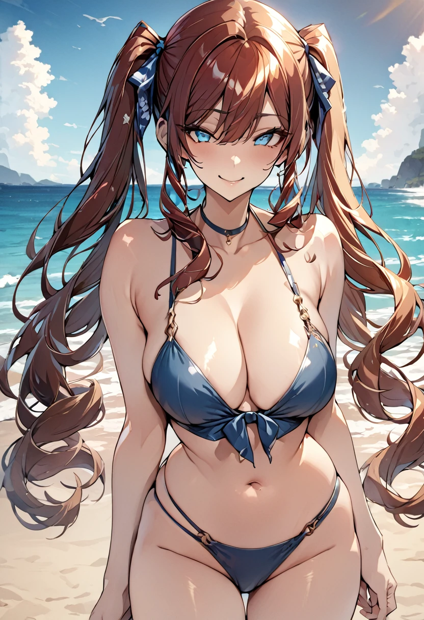 masterpiece, Highest quality, Girl,smile,bikini,Beach,Long Wavy Hair,Blue eyes,Stylish,Twin tails