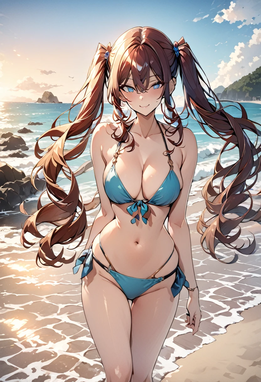 masterpiece, Highest quality, Girl,smile,bikini,Beach,Long Wavy Hair,Blue eyes,Stylish,Twin tails