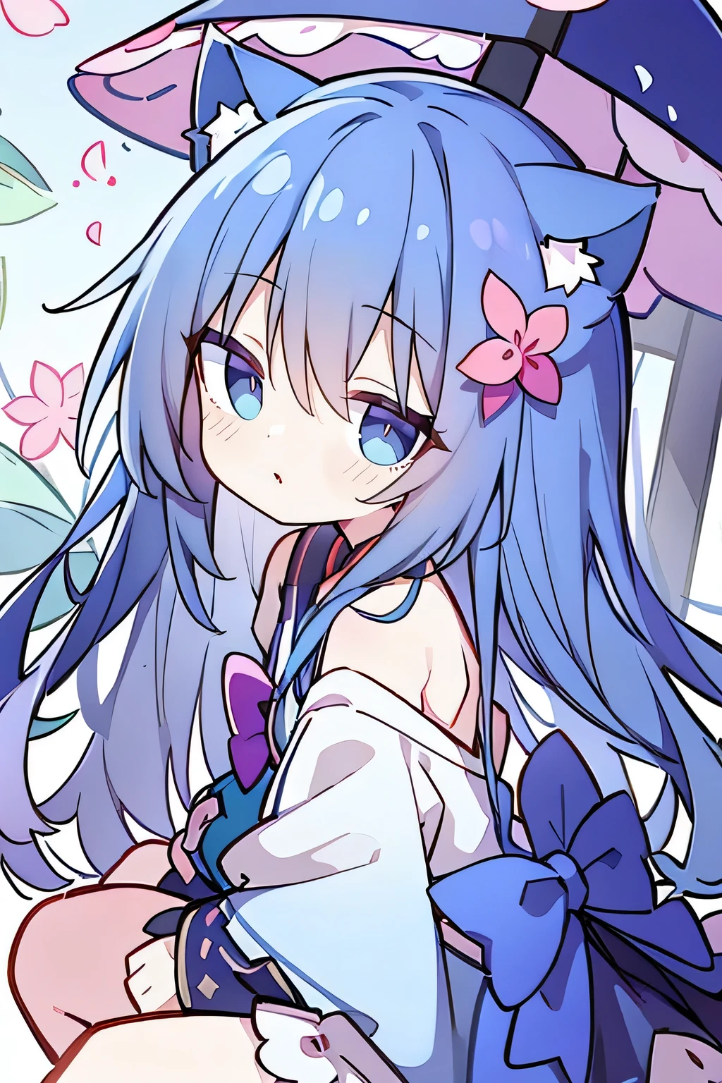(masterpiece:1.uper detailed,lifelike,Expressive eyes,fair skin,perfect face shape,1 girl,
Japanese comics,Gorgeous blue hair,flowing blue hair,flowing clothes,Cat ears,Petals fall,beautiful lola,Baby Angel,
Shaking head with one hand,Cross your legs,,The pavilion is cool and comfortable,smile,back views,sunrise,Petals fall