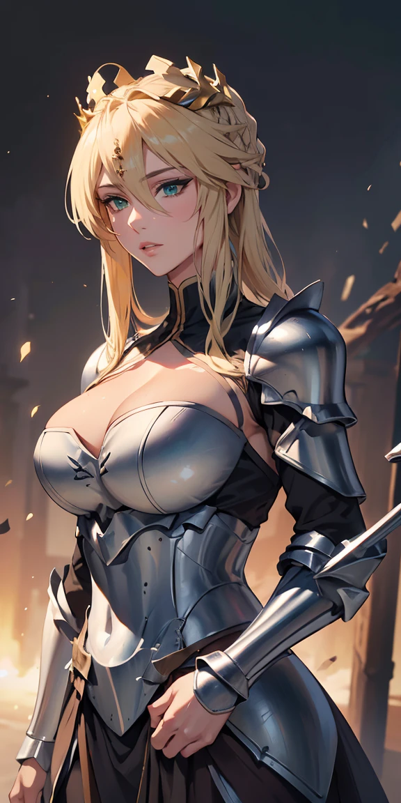 Mulher Madura, elegante, cabelo loiro, olhos verdes, Curvilíneo, coroa, Ombro nu, tronco, Resolução 4k, alta qualidade, Hyperresolution,accuracy,Detailed rendering,(Subtle facial image)(Image of fine hair)(topquality)(Masterpieces of masters)(High degree of completeness)(A sense of atmosphere)tmasterpiece,Super detailed and super detailed(portrait), long blonde hair, (((twin braids)))(((ANKLE LENGTH HAIR))) (((Sakimichan))) (((blonde)))((Armor)) ((Halberd))) (((warrior))) (((Tanned skin)))