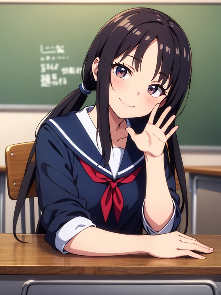 1girl, sitting, (waving at the camera with left hand), (right hand on chest), (head tilt), smile, 15yo, classroom, indoors, school chair, school desk, (low twintails girl), low pigtails, red ribbon on hair, very long black hair, navy-blue collar, white serafuku with blue ribbon, navy-blue skirt, (dark brown eye), afternoon, summer, school, (from front:1.4), upper body, anime, high brightness, detailed face, detailed eyes, (high quality, ultra detailed, masterpiece, super detail, highres, anatomically correct, UDH), good hands, good fingers Japanese anime style, extremely cute, good hands, good fingers