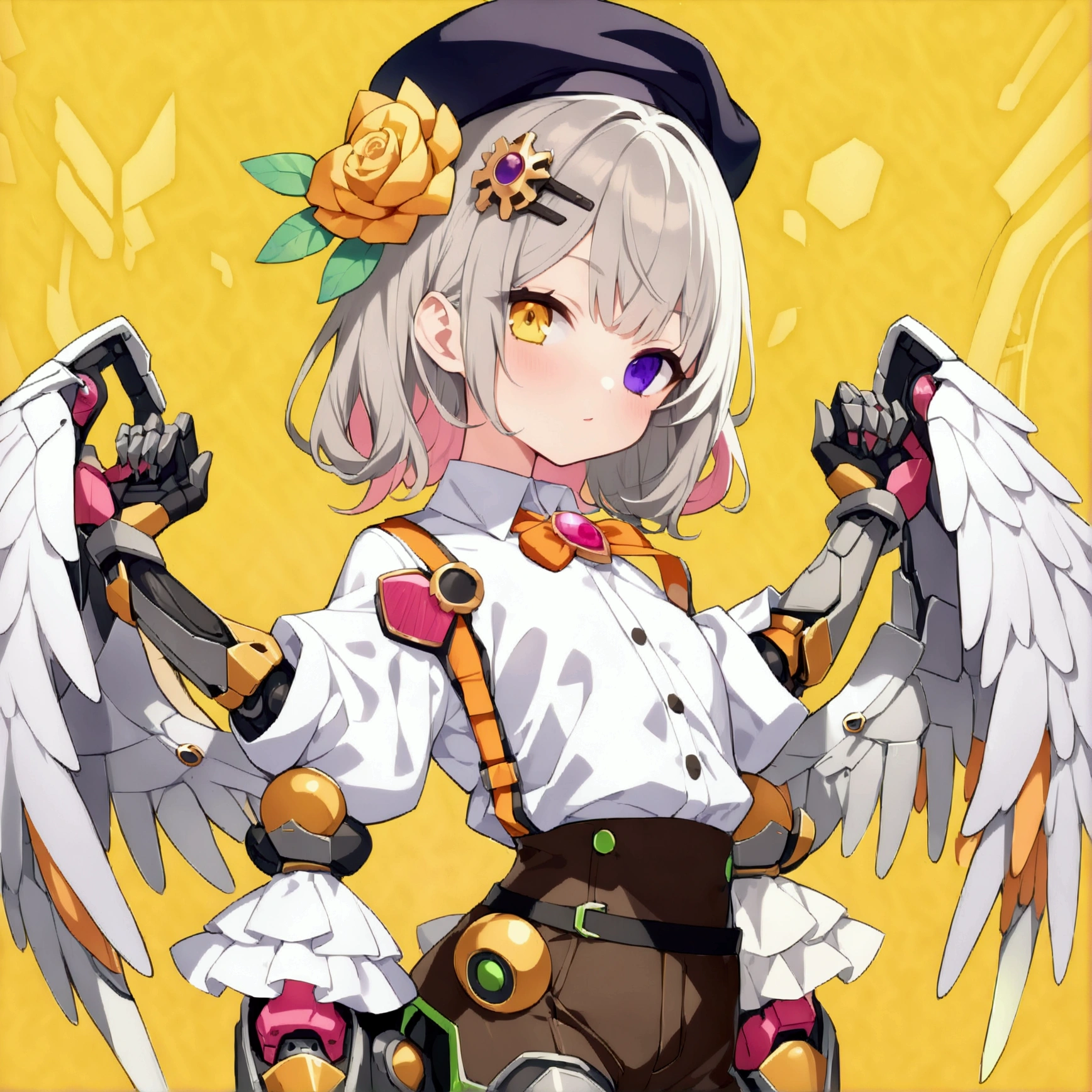 woman 165cm tall, slim build, , charming look, ((heterocromia: look like, right naranja y look like izquierdo violeta)), (Shoulder Length Wavy Gray Hair, a short braid on the left side of the hair, big open bangs, golden gear hairpin on the left side of the hair), (((complex mechanical legs up to the hip, The legs are black with gray parts with small pink details))), (((complex mechanical arms up to the elbows, The arms are black with gray parts with small pink details))), ((complex white mechanical angel wings with pastel green parts)), (elegant black French beret with an orange rose ribbon), (stylish white short sleeve button down shirt, dark brown shorts from the waist, elegant black belt, small rose brooch on shirt collar, beautiful mechanical stilettos), (((character design sheet: Front view))), ((Pastel yellow background)), extremely detailed beautiful hair, beautiful detailed clothing, extremely detailed arms, extremely detailed face, (Extremely detailed hands), perfect hands, small face, hermosos look likes detallados, beautiful detailed lips, adorable, extremely detailed legs, (Best Quality, 8k, ultra resolution), ultra detailed, Exquisite and epic character art, (Focus on symmetry), (extremely detailed wings), (body position: standing, right, symmetrical), looking at the viewer, (whole body).