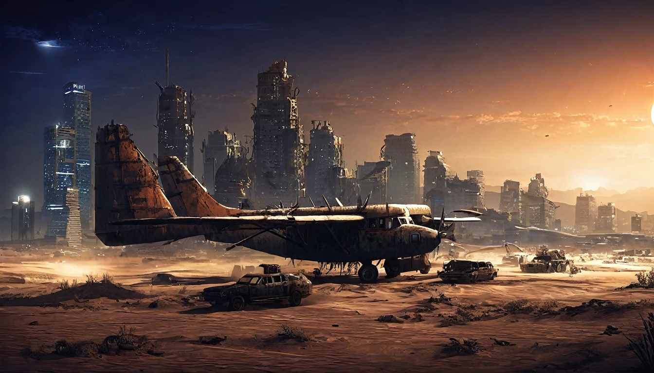 plane desert night city post apocalyptic