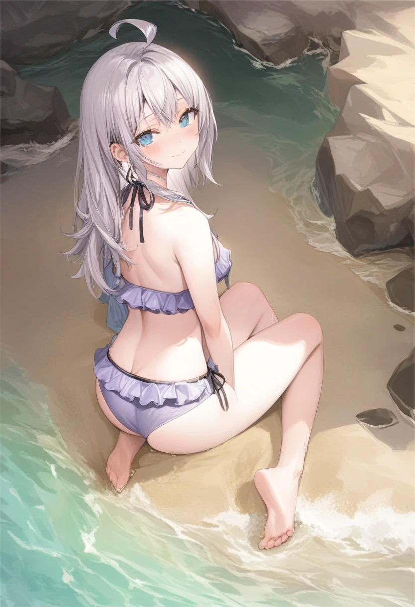 score_9,score_8_above,score_7_above, alya, light smile,Alone, long white hair, medium chest, wearing a sexy purple ruffled bikini, resting in the sand, back view, looking back, Stretched legs,Feet together, near the sea, legs in the sea, perfect ends