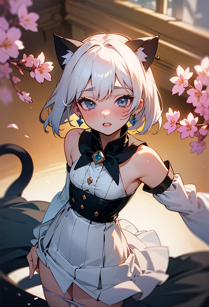 (masterpiece, best quality:1.1),
,1girl,, cute,baby face, white hair, cat ear, tail,beautiful detailed teeth, eyes with large brown irises, small mouth, fresh lips,nose blush, detached sleeves dress, mini skirt,earrings,5finger,skirt lift,(panty) ,in cherry blossom avenue, beautiful lighting, volumetric lighting, dynamic angle, (photographic portrait), sharp,