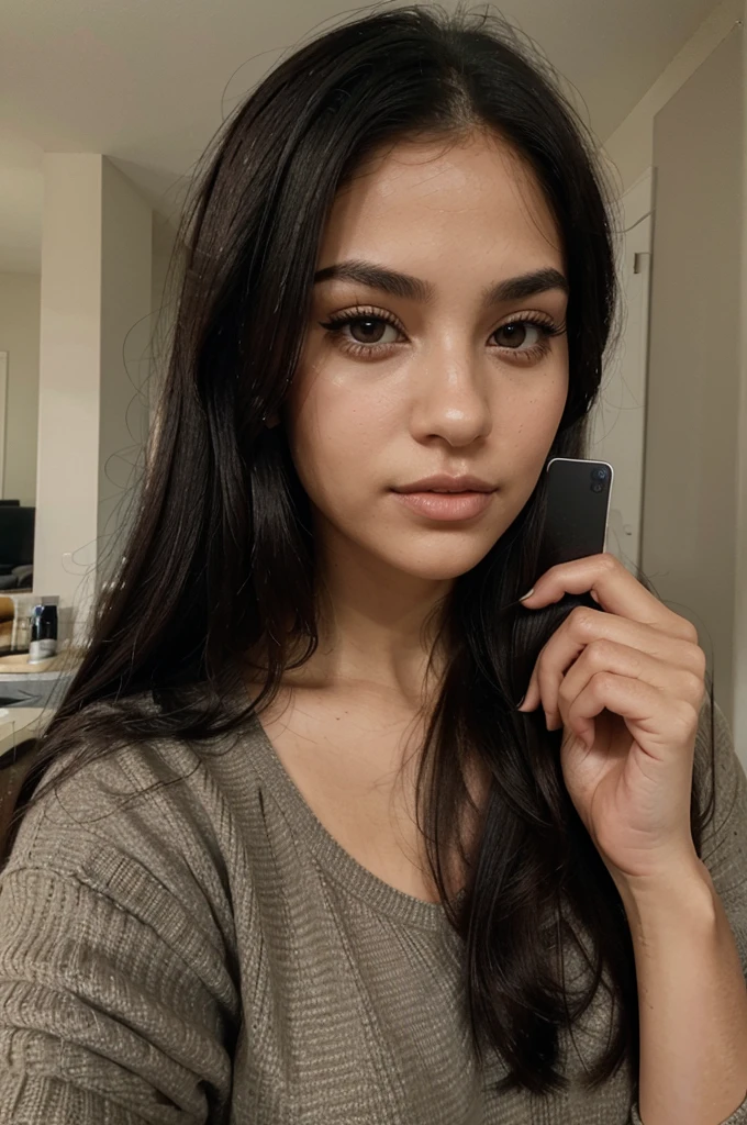 She takes a selfie. She is holding a small credit card in her right hand. A beautiful young woman in her twenties, with Latino features. She has long, straight black hair that falls loosely over her shoulders. Her face has soft and balanced contours. She has large, well-defined dark brown eyes with long, thick eyelashes and well-arched black eyebrows. His nose is straight and slightly refined, proportionate to his face. Her lips are full and defined, with a natural color, and they are closed, contributing to her neutral expression. Her skin is matte, smooth and without visible imperfections. She is dressed properly.