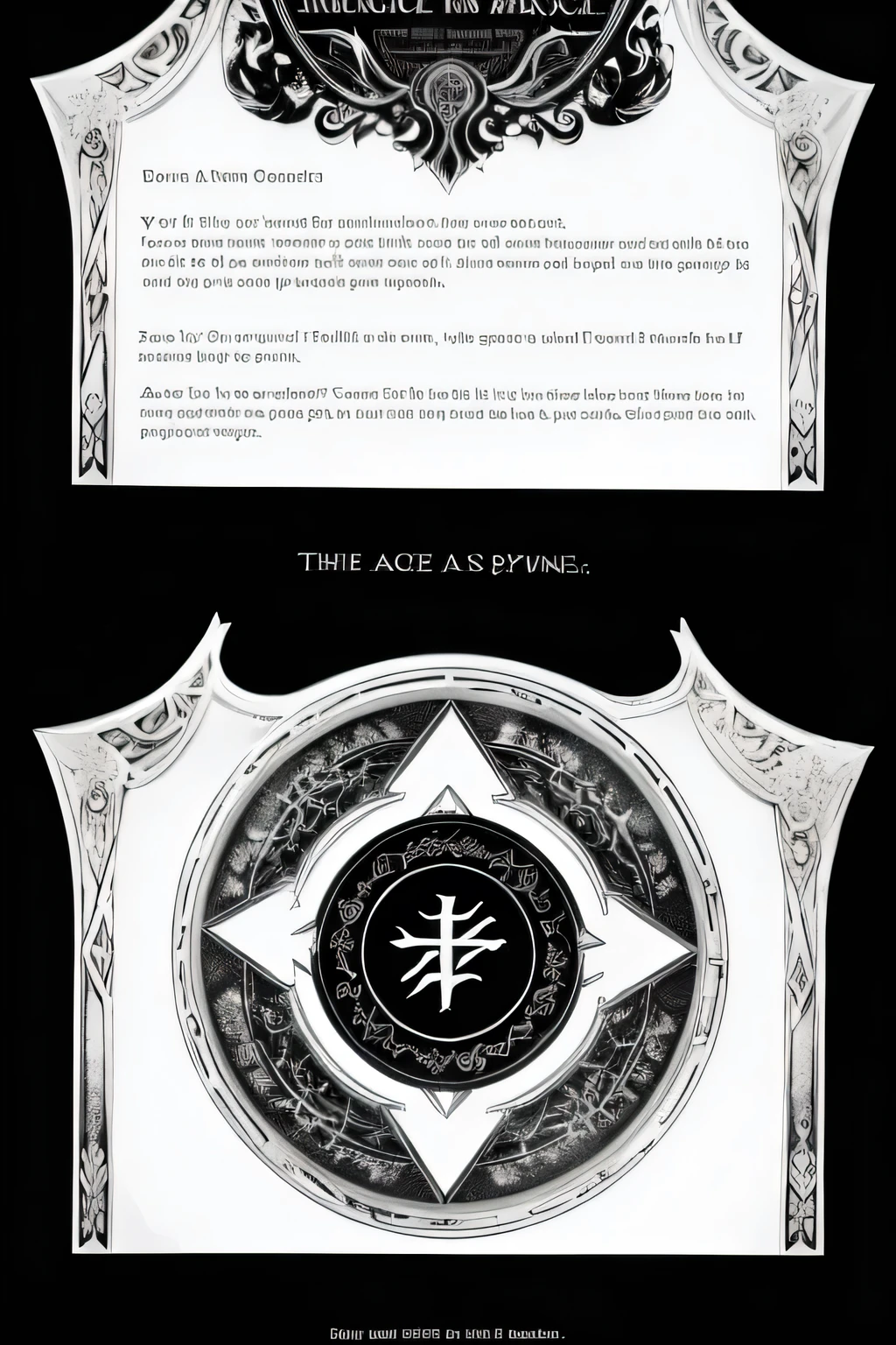 a magical open book with two pages, white text on a black background, fantasy script font, magical symbols, best quality, hyper detailed