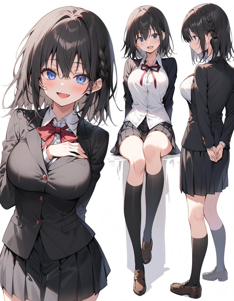 White Background、White background、Blank Background、Just standing girl, One Girl、コミカルなMedaka、Medaka、Ultra-high resolution, Highest quality,Fishbone Braid Hachebone Hair、Black Hair、Full Body Shot,Put your arms behind your back、Put your hands behind your back、Hide your hands、Big Breasts、Beautiful attention to detail、Black Hair × blue eyes、blue eyes、open your mouth without showing your teeth、Laugh with your mouth wide open、 black long sleeve blazer,Black pleated skirt、Knee-high socks、loafers、