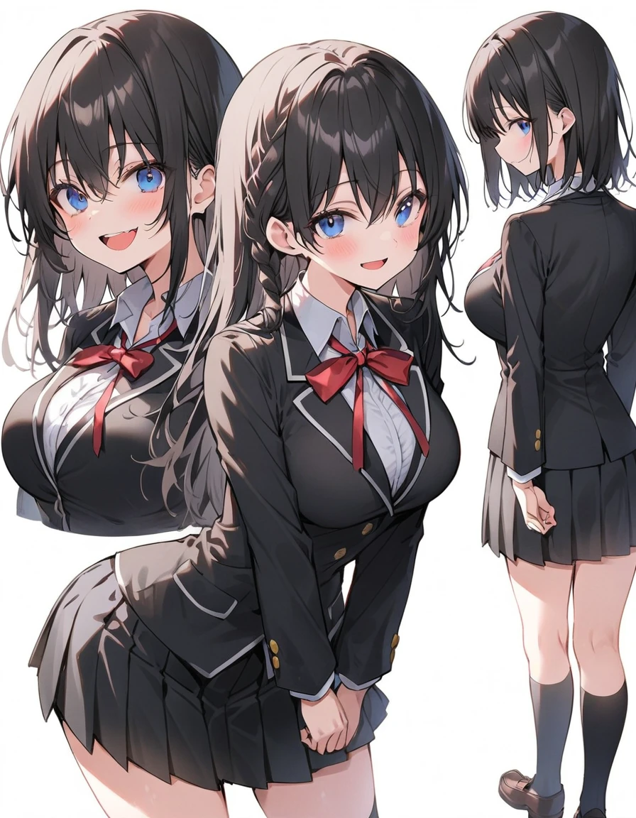 White Background、White background、Blank Background、Just standing girl, One Girl、コミカルなMedaka、Medaka、Ultra-high resolution, Highest quality,Fishbone Braid Hachebone Hair、Black Hair、Full Body Shot,Put your arms behind your back、Put your hands behind your back、Hide your hands、Big Breasts、Beautiful attention to detail、Black Hair × blue eyes、blue eyes、open your mouth without showing your teeth、Laugh with your mouth wide open、 black long sleeve blazer,Black pleated skirt、Knee-high socks、loafers、