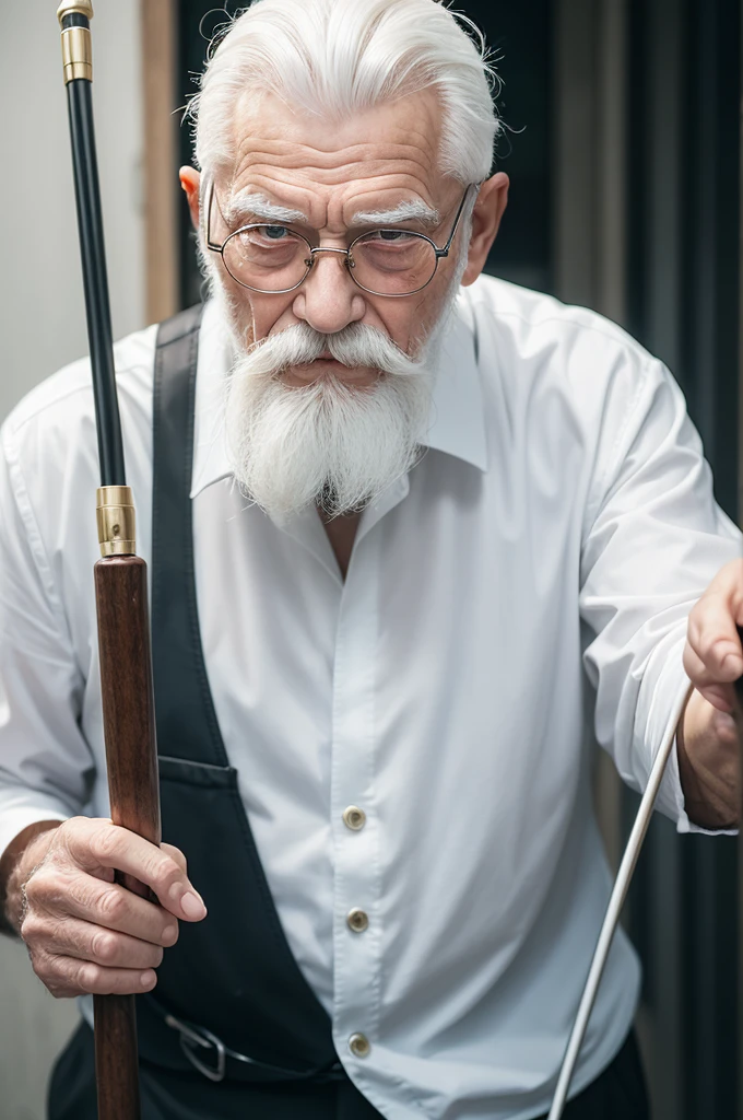 Elderly man with white hair, baldness and white mustache, using cane