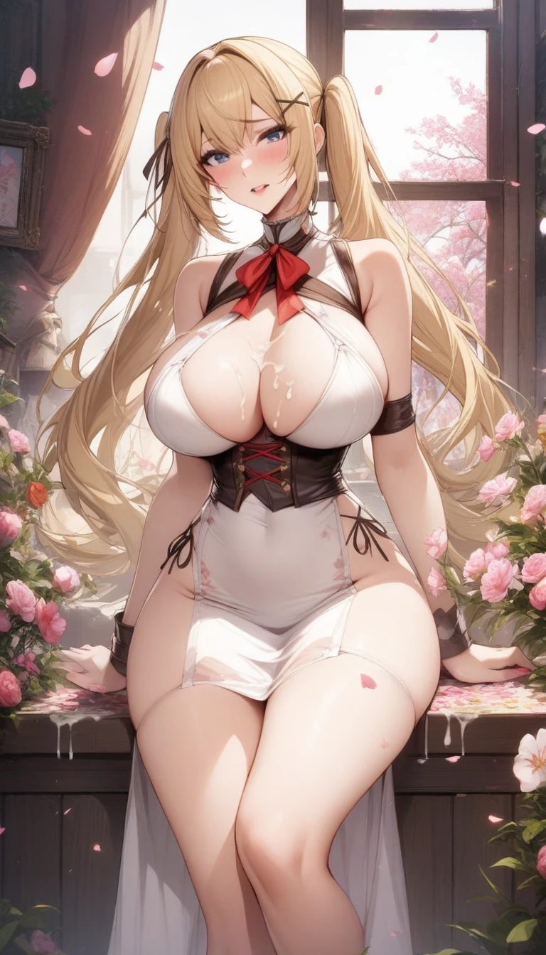 masterpiece, best quality, very aesthetic, absurdres, 1girl, _lady,white_dress,(cum_ondy:1.2),,marie_rose(dead_or_alive), dead_or_alive_5, 1girl, long_hair, twintails, blonde_hair, x_hair_ornament, ,beside window,surrounding by flowers,falling_petals, petals,,
