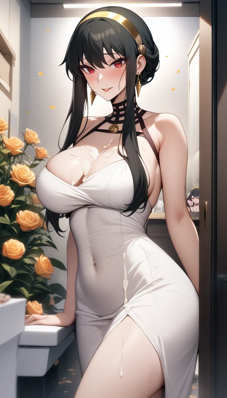 masterpiece, best quality, very aesthetic, absurdres, 1girl, mature_lady,white_dress,(cum_on_body:1.2),,spy_x_family, yor_briar, black_hair, red_eyes, sidelocks, jewelry, gold_earrings, gold_hairband,,in female changing room,,surrounding by flowers,falling_petals, petals,,