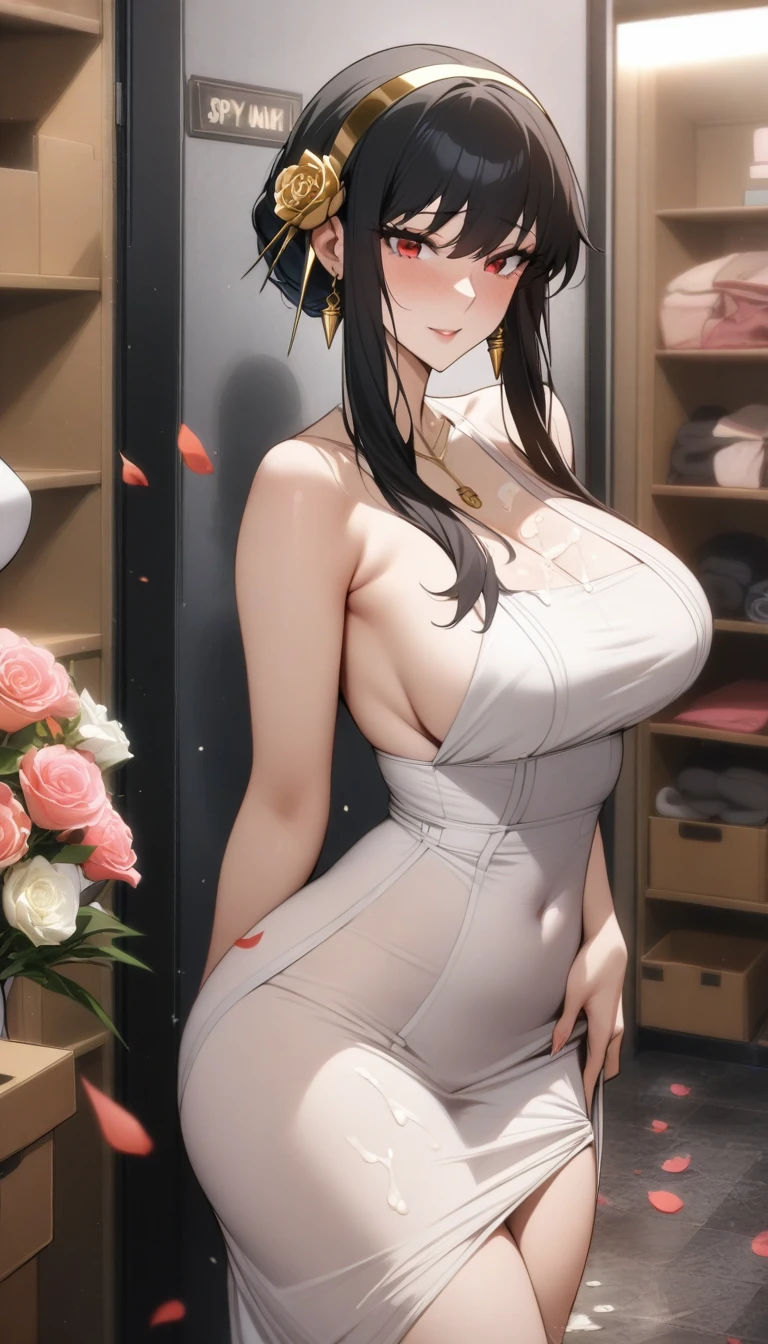 masterpiece, best quality, very aesthetic, absurdres, 1girl, mature_lady,white_dress,(cum_on_body:1.2),,spy_x_family, yor_briar, black_hair, red_eyes, sidelocks, jewelry, gold_earrings, gold_hairband,,in female changing room,,surrounding by flowers,falling_petals, petals,,