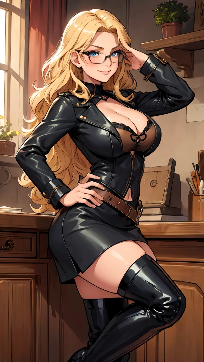 (masterpiece), best quality, expressive eyes, perfect face, blonde hair, long hair, wavy hair, glasses, cleavage, sexy clothes, smirk, leather boots, tight skirt