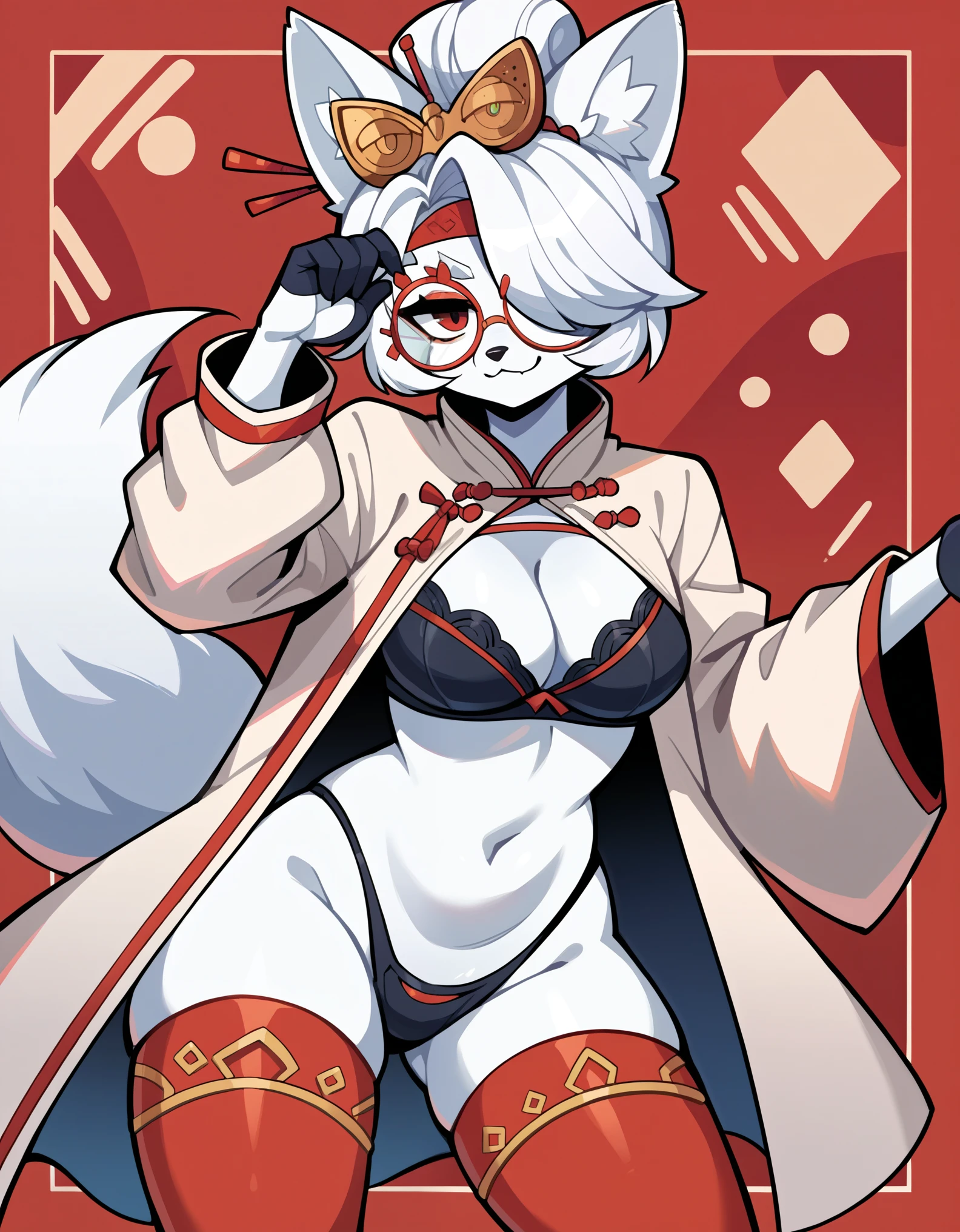 score_9, score_7_up score_6_up, score_5_up, source_furry, source_anime, BREAK Anthro, Anthro furry arctic fox, fox ears and tail, snout, one eye covered, purah,hair ornament, red headband, red glasses, white coat, black bra, cleavage, black thong, red thigh highs, gloves,looking at viewer,abstract background, smug,closed mouth, adjusting her glasses, 