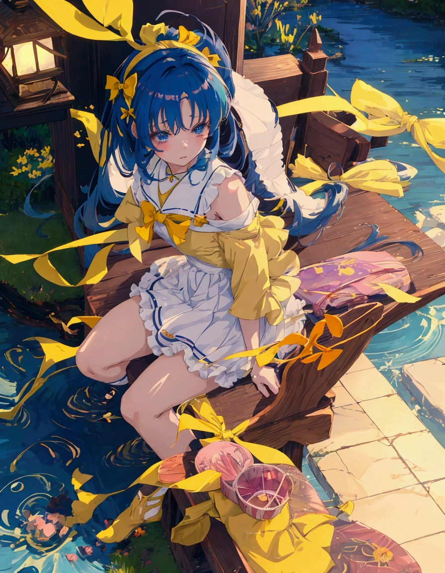 anime girl sitting on a bench with a yellow bow on her head, Anime visuals of cute girls, artwork in the style of Guvez, cute anime girl, Guvez, Anime style 4K, Clean and detailed anime art, 4k comic wallpaper, anime girl, beautiful anime girl, young anime girl, the anime girl is crouching, pretty anime girl