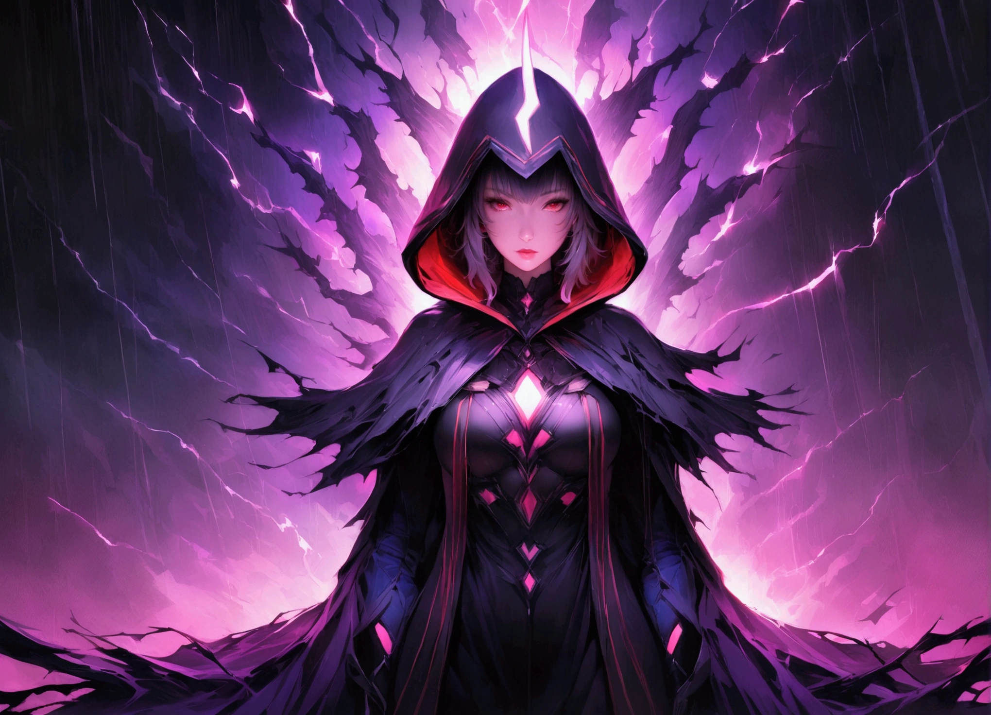 masterpiece, witch, The body is attractive、, Wearing a hood, In the Shadows, , The colours of Positano, Completely in frame, whole body, Releases electrical energy, whole body, Beautiful anime waifu style man, Ultra-Definition CG Painting, Luminism, art:Karn Griffiths、ヴァディム・カシン コンセプトart, 8k resolution, Fractal isometric detail bioluminescence , complicatedly detailed , Cinematic, trending on art station Isometric Centered hyper Realistic cover photo awesome full color, granular, Realistic, complicated, Hit definition , Cinematic, bold, Vibrant, wonderful, Super high quality model、Being pelted with rain in the dark、Lightning Control、Red eyes