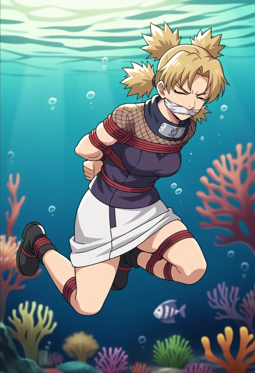 score_9, score_8_up, score_7_up, score_6_up, score_5_up, score_4_up, BREAK, source_anime, ytemari, 1girl, blonde hair, quad tails, white cloth blindfold over eyes fishnets, purple garment, sash, solo, simple background, anime screencap, anime coloring, cloth gagged, underwater background, shibari, hands behind back, eyes closed, show full body, underwater background, coral reef, face turning blue from oxygen depravation, looking above, tied up with tape and rope, ball and chain on one leg, legs bound, wrists bound, white cloth gag over mouth, subject off center to the left, legs and ankles tied up, , white cloth gag, angry and panic expression, gritting teeth, panicked and struggling