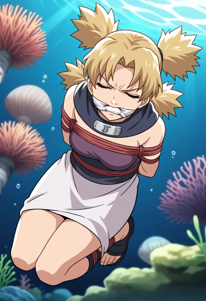 score_9, score_8_up, score_7_up, score_6_up, score_5_up, score_4_up, BREAK, source_anime, ytemari, 1girl, blonde hair, quad tails, white cloth blindfold over eyes fishnets, purple garment, sash, solo, simple background, anime screencap, anime coloring, cloth gagged, underwater background, shibari, hands behind back, eyes closed, show full body, underwater background, coral reef, face turning blue from oxygen depravation, looking above, tied up with tape and rope, ball and chain on one leg, legs bound, wrists bound, white cloth gag over mouth, subject off center to the left, legs and ankles tied up, , white cloth gag, angry and panic expression, gritting teeth, panicked and struggling