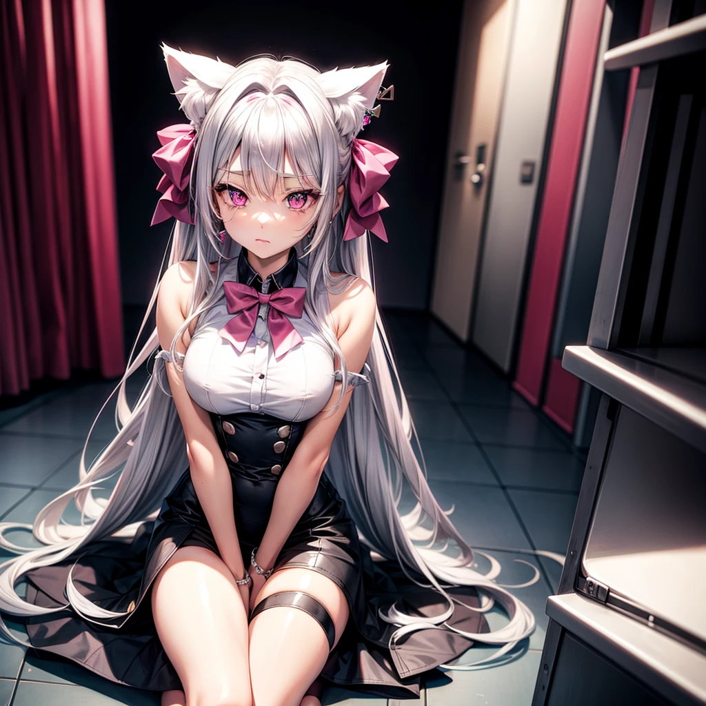 Silver hair, pink eyes, body, cat ears, sexy girl, earrings, heart fantasy background, uniform, hair bows, sit down