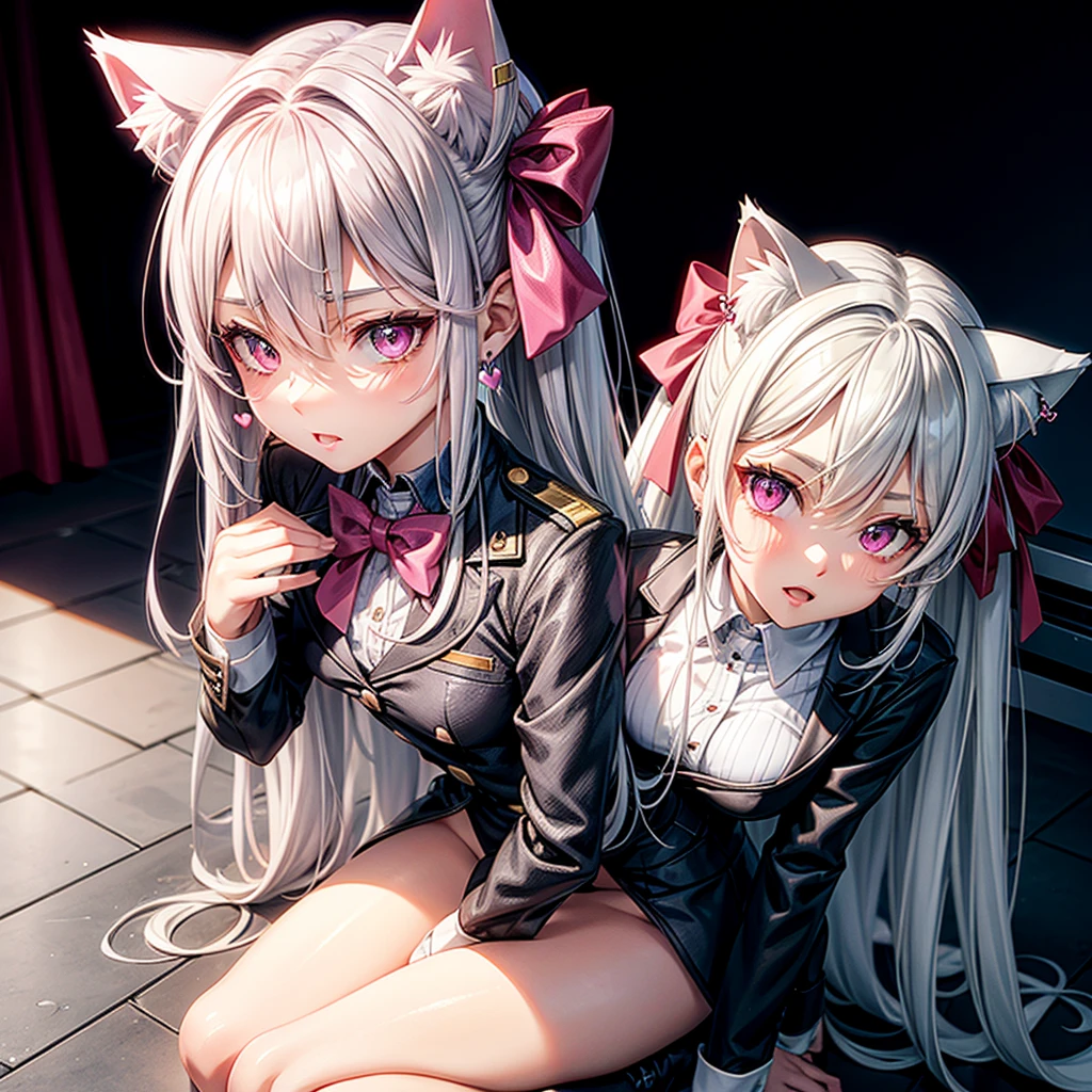 Silver hair, pink eyes, body, cat ears, sexy girl, earrings, heart fantasy background, uniform, hair bows, sit down